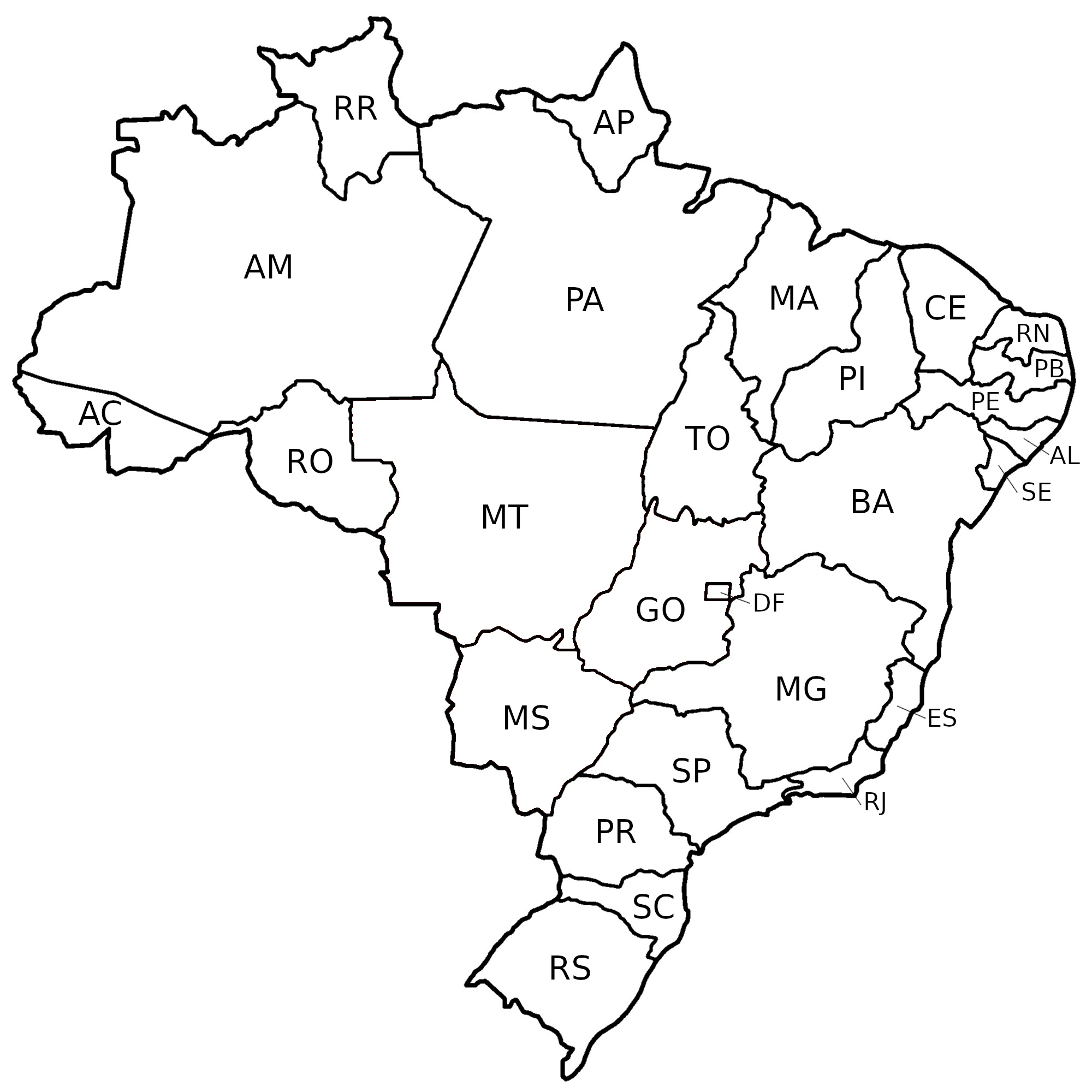 Imagem do mapa do brasil com todos os territórios brasileiros demarcados